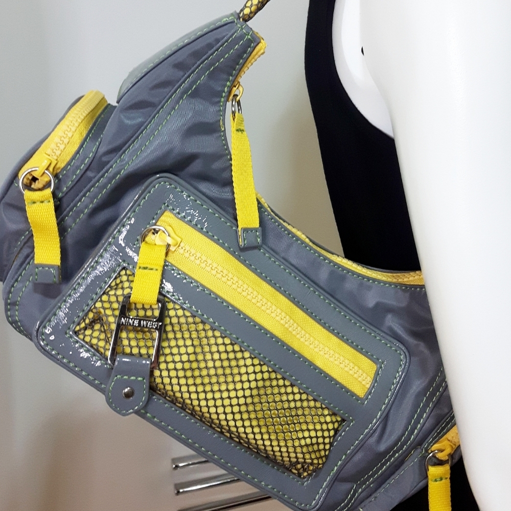 Y2K Vtg Nine West💛Yellow Gray Casual Baguette Shoulder Bag with Pockets - Picture 4 of 15